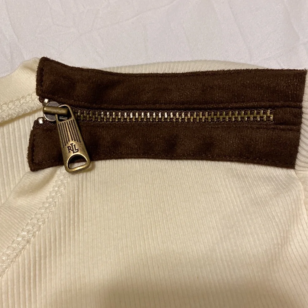 Ralph Lauren VTG LSleeve Pullover Ivory & Brown Elbow Patches, Zipper SZ P/L, EC - Picture 8 of 12